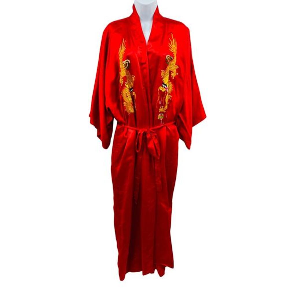 Golden Deer XL Vintage pure silk red embroidered kimono robe‎